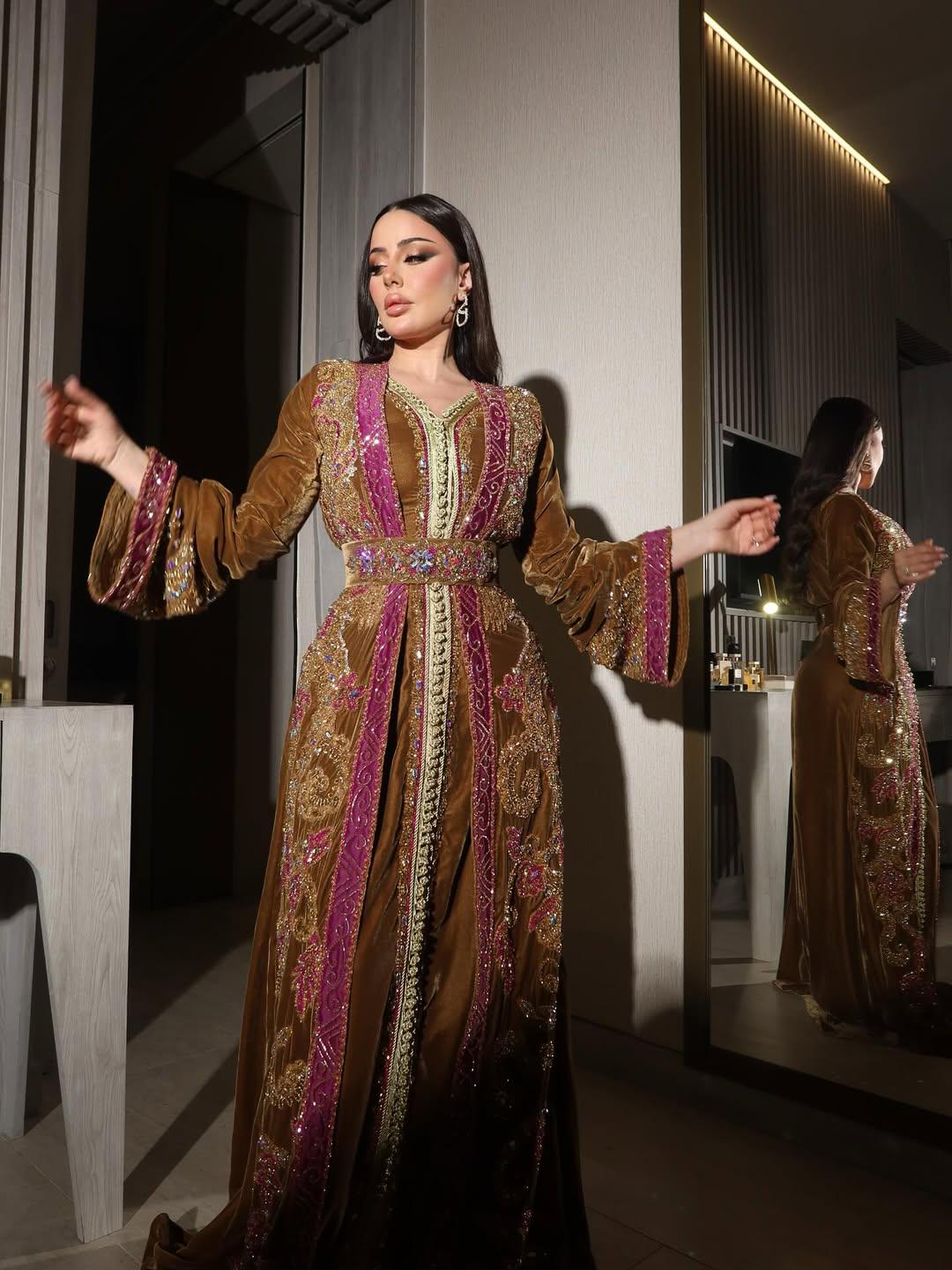 Luxury Velvet Moroccan Kaftan – Gold & Magenta Embroidered Bridal Caftan – Royal Wedding  Henna Dress