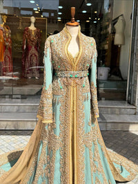 Pastel Blue Moroccan Bridal Kaftan Takchita, Luxury Crepe Hand-Embroidered Wedding Dress