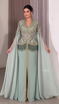 Mint Green Embroidered Moroccan Kaftan Dress | Luxury Dubai Style Evening Gown