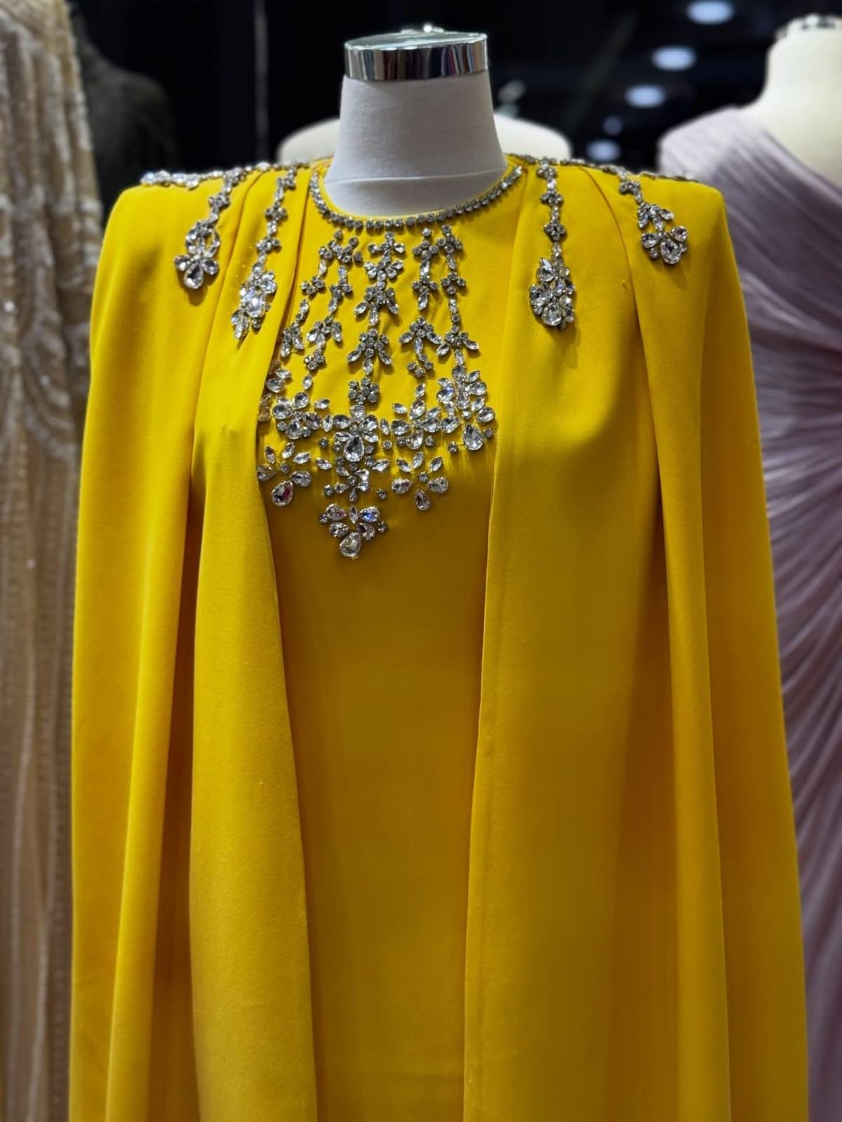 Royal Blue Crepe Maxi Dress, Cape Sleeve, Hand-Embroidered Neckline, Custom Bridal Gown