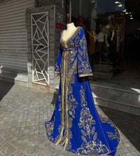 Blue Moroccan Bridal Kaftan Takchita, Luxury Crepe Hand-Embroidered Wedding Outfit
