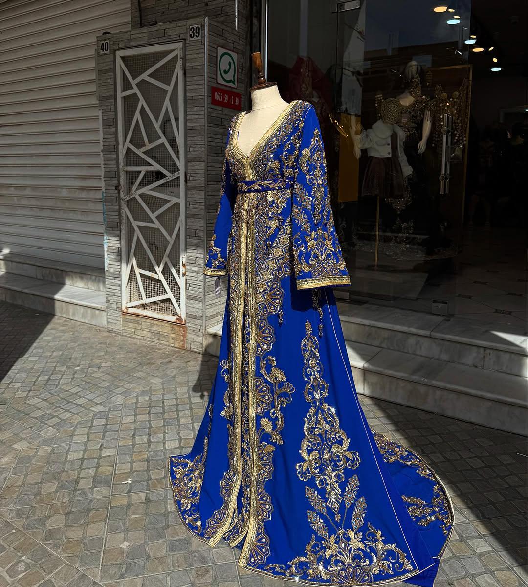 Blue Moroccan Bridal Kaftan Takchita, Luxury Crepe Hand-Embroidered Wedding Outfit