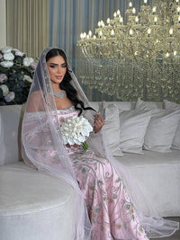 Blush Pink Embroidered Moroccan Bridal Kaftan, Luxury Wedding Dress with Veil