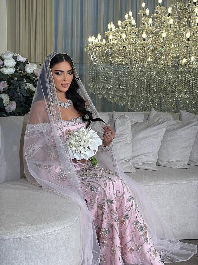 Blush Pink Embroidered Moroccan Bridal Kaftan, Luxury Wedding Dress with Veil