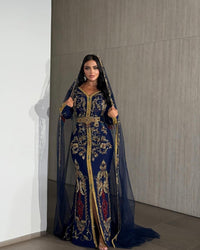 Royal Blue Moroccan Kaftan – Gold Embroidery Georgette Bridal Caftan with Veil