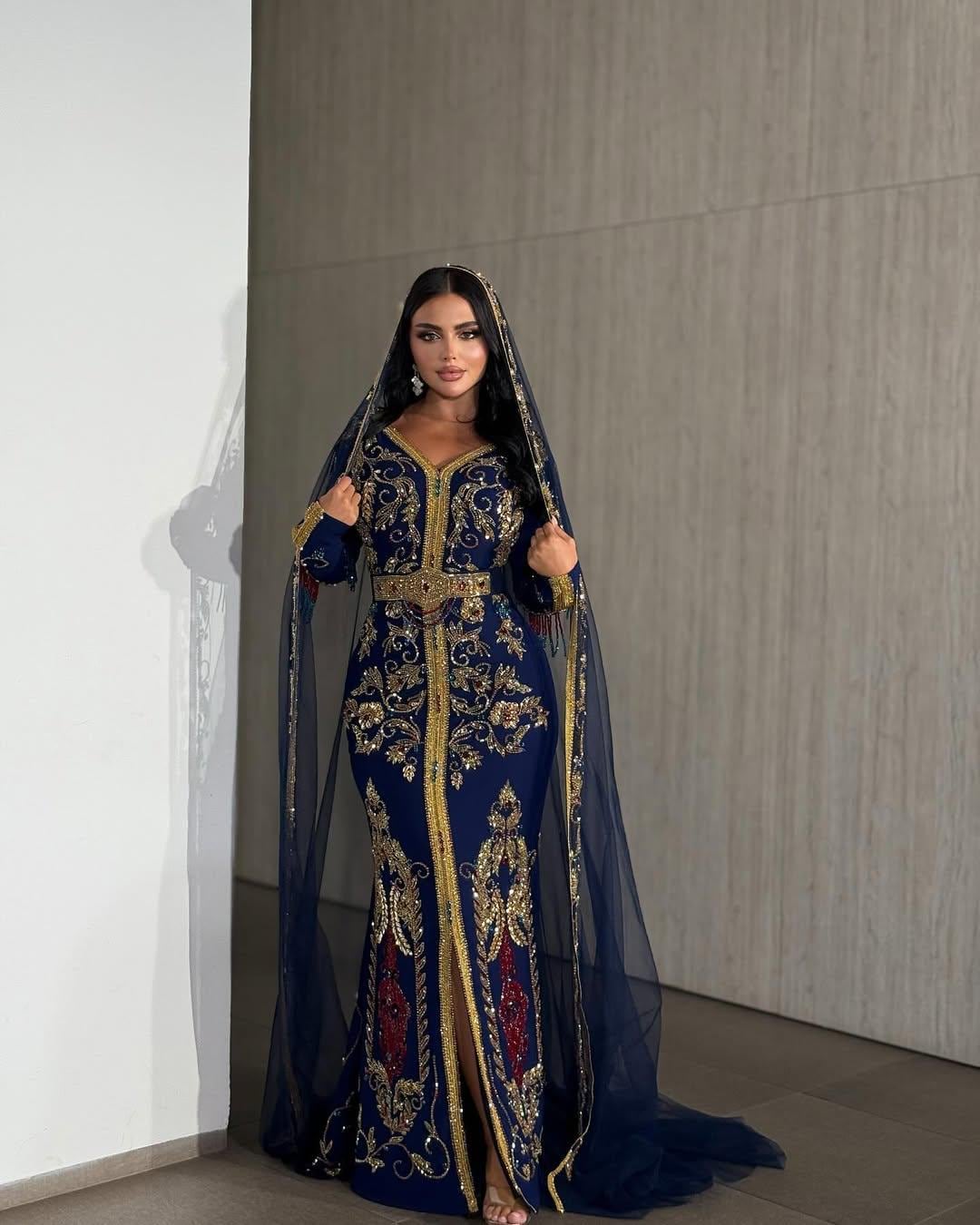 Royal Blue Moroccan Kaftan – Gold Embroidery Georgette Bridal Caftan with Veil