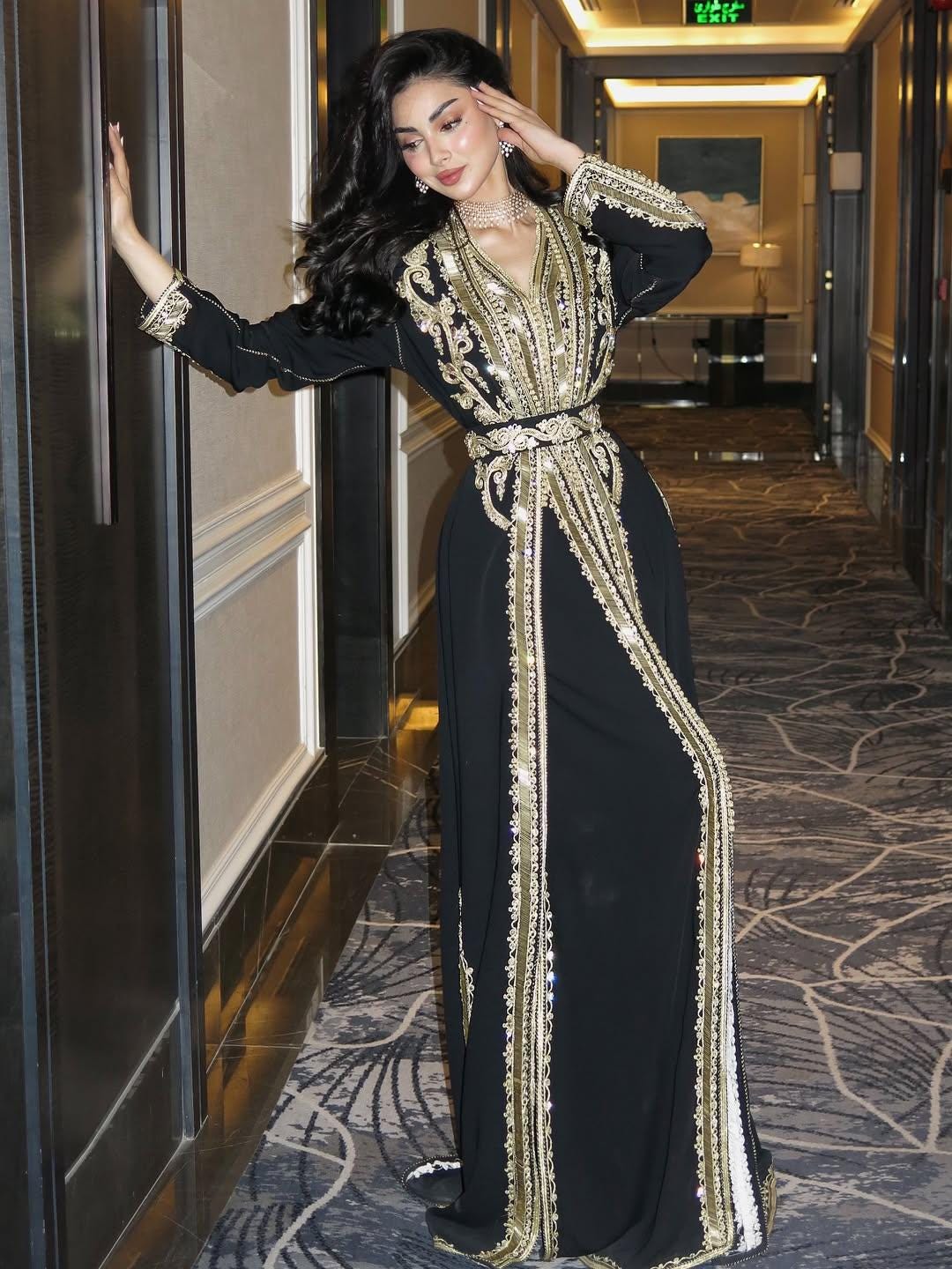 Black Crepe Moroccan Kaftan – Gold Embroidery, Bridal Gown, Evening Dress