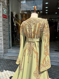Linden Green Moroccan Bridal Kaftan, Hand-Embroidered Crepe Takchita Wedding Dress