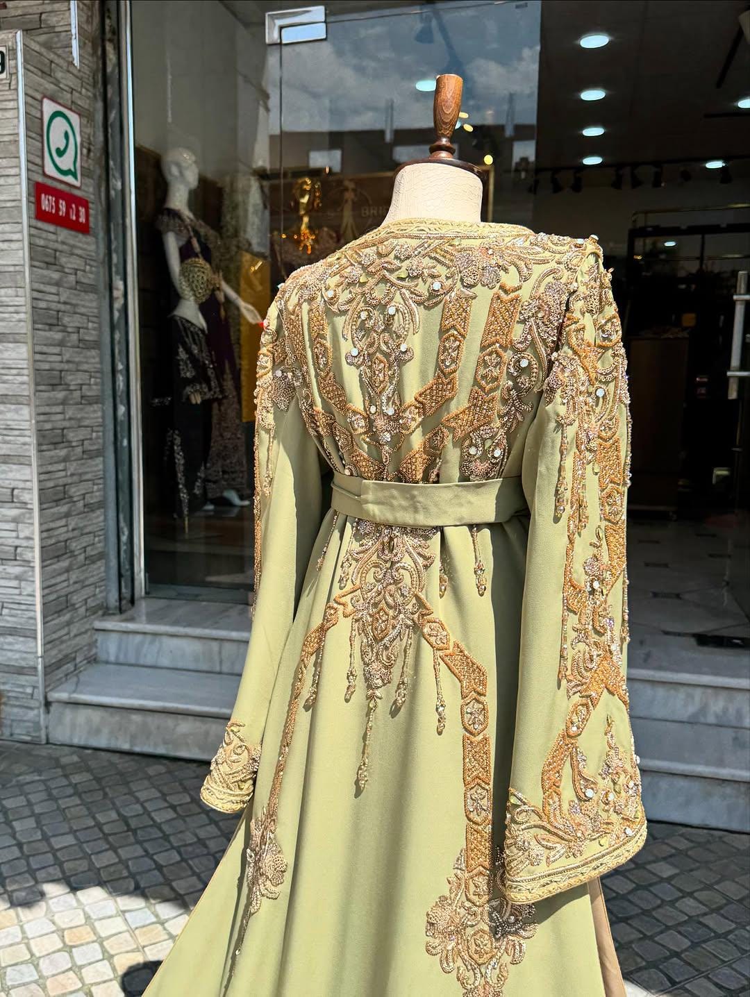 Linden Green Moroccan Bridal Kaftan, Hand-Embroidered Crepe Takchita Wedding Dress