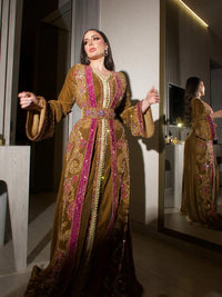 Luxury Velvet Moroccan Kaftan – Gold & Magenta Embroidered Bridal Caftan – Royal Wedding  Henna Dress