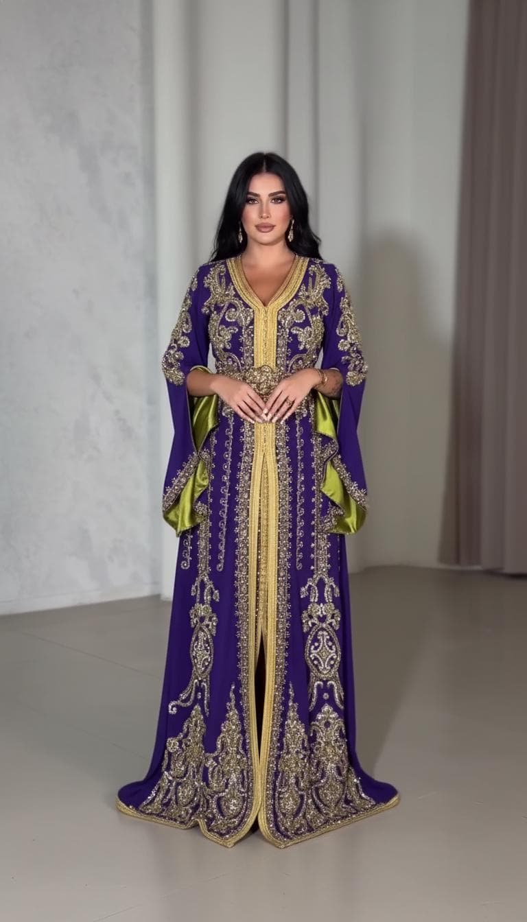 Purple Moroccan Kaftan Crepe Dress | Luxury Gold Embroidery, Dubai Style Wedding Guest Gown
