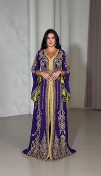 Purple Moroccan Kaftan Crepe Dress | Luxury Gold Embroidery, Dubai Style Wedding Guest Gown