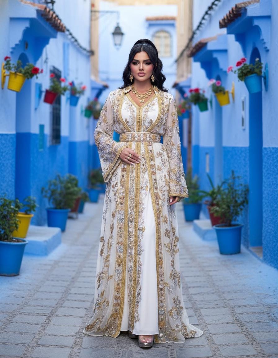 Off White Moroccan Kaftan – Luxury Gold Embroidered Bridal Caftan – Handcrafted Georgette Wedding & Nikkah Dress