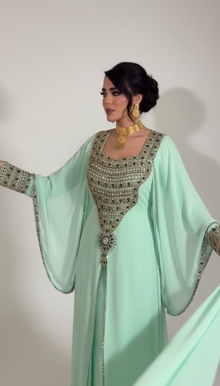 Mint Green Moroccan Kaftan Dress | Luxury Hand Embellished Georgette Evening Gown