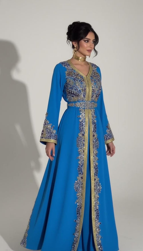 Blue Moroccan Kaftan Dress | Luxury Embroidered Crepe, Dubai Style, Custom Made