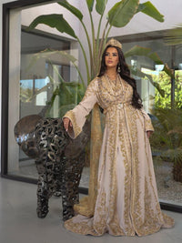 Handcrafted Moroccan Bridal Kaftan, Champagne Gold Embroidery, Royal Wedding Dress