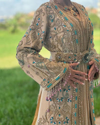 Ivory Moroccan Bridal Kaftan, Gold Embroidery, Custom Made Elegant Bride Gown