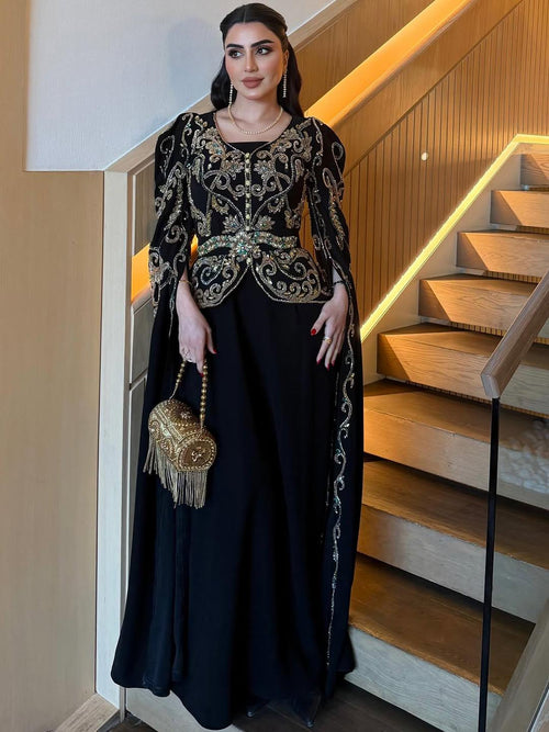 Black Crepe Cape Gown | Gold Embroidery, Modest Evening Dress, Custom Made