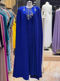 Royal Blue Crepe Maxi Dress, Cape Sleeve, Hand-Embroidered Neckline, Custom Bridal Gown