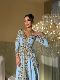 Sky Blue Embroidered Kaftan Dress, Luxury Beaded Evening Gown, Handmade Moroccan Caftan