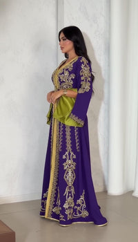 Purple Moroccan Kaftan Crepe Dress | Luxury Gold Embroidery, Dubai Style Wedding Guest Gown