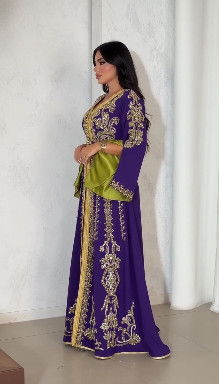 Purple Moroccan Kaftan Crepe Dress | Luxury Gold Embroidery, Dubai Style Wedding Guest Gown