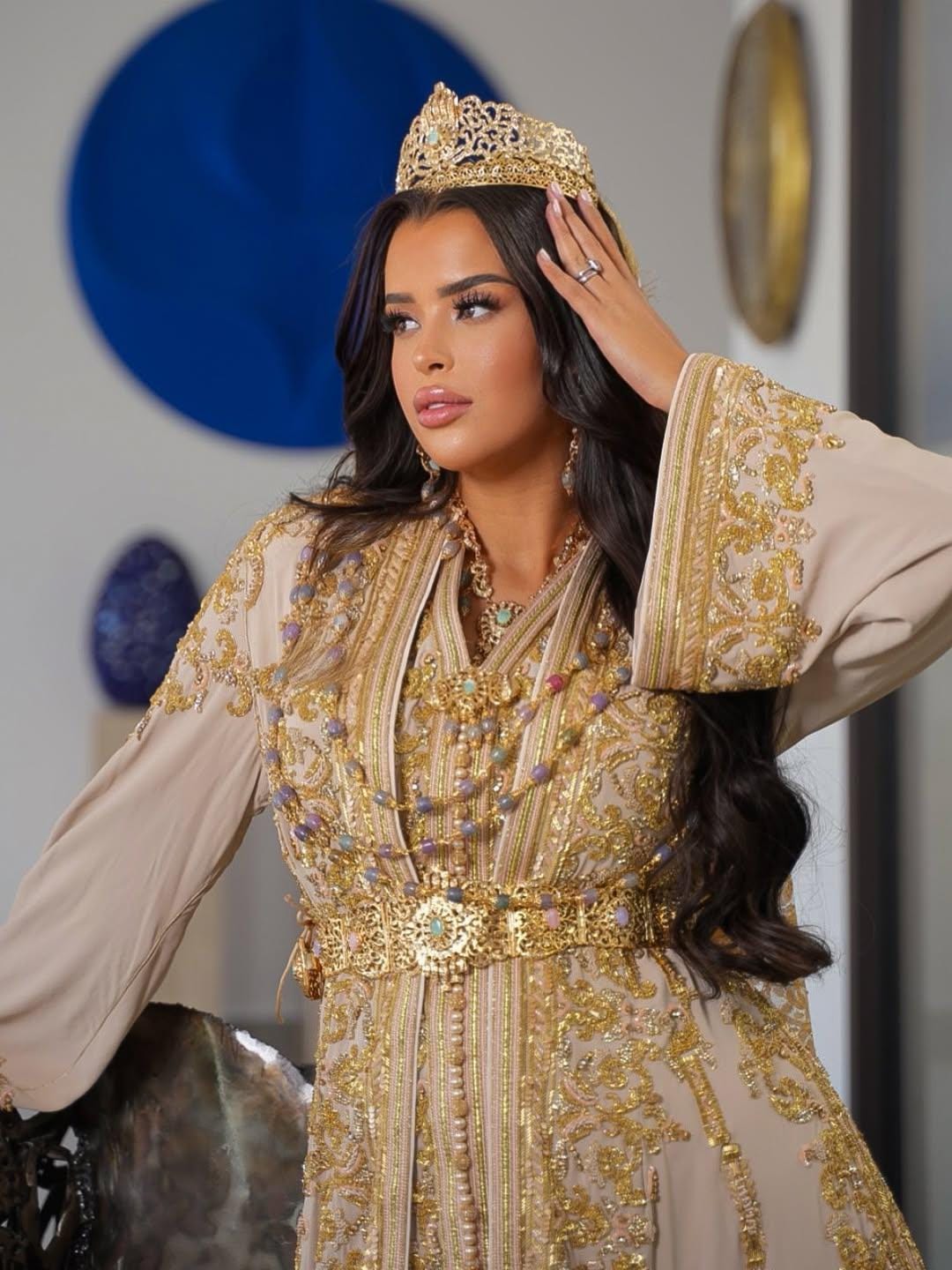 Handcrafted Moroccan Bridal Kaftan, Champagne Gold Embroidery, Royal Wedding Dress