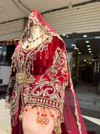 Red Velvet Moroccan Bridal Kaftan, Luxury Gold Embroidery, Royal Dubai Style Wedding Dress