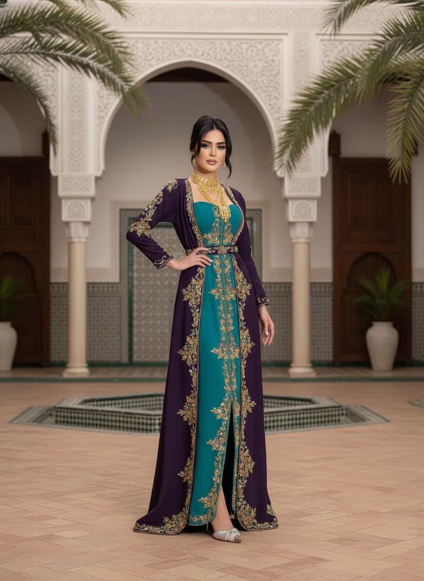 Luxury Moroccan Kaftan Dress | Green Purple Embroidered Arabic Gown (Custom Made)