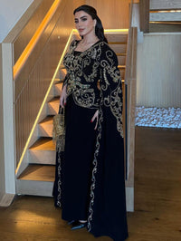 Black Crepe Cape Gown | Gold Embroidery, Modest Evening Dress, Custom Made