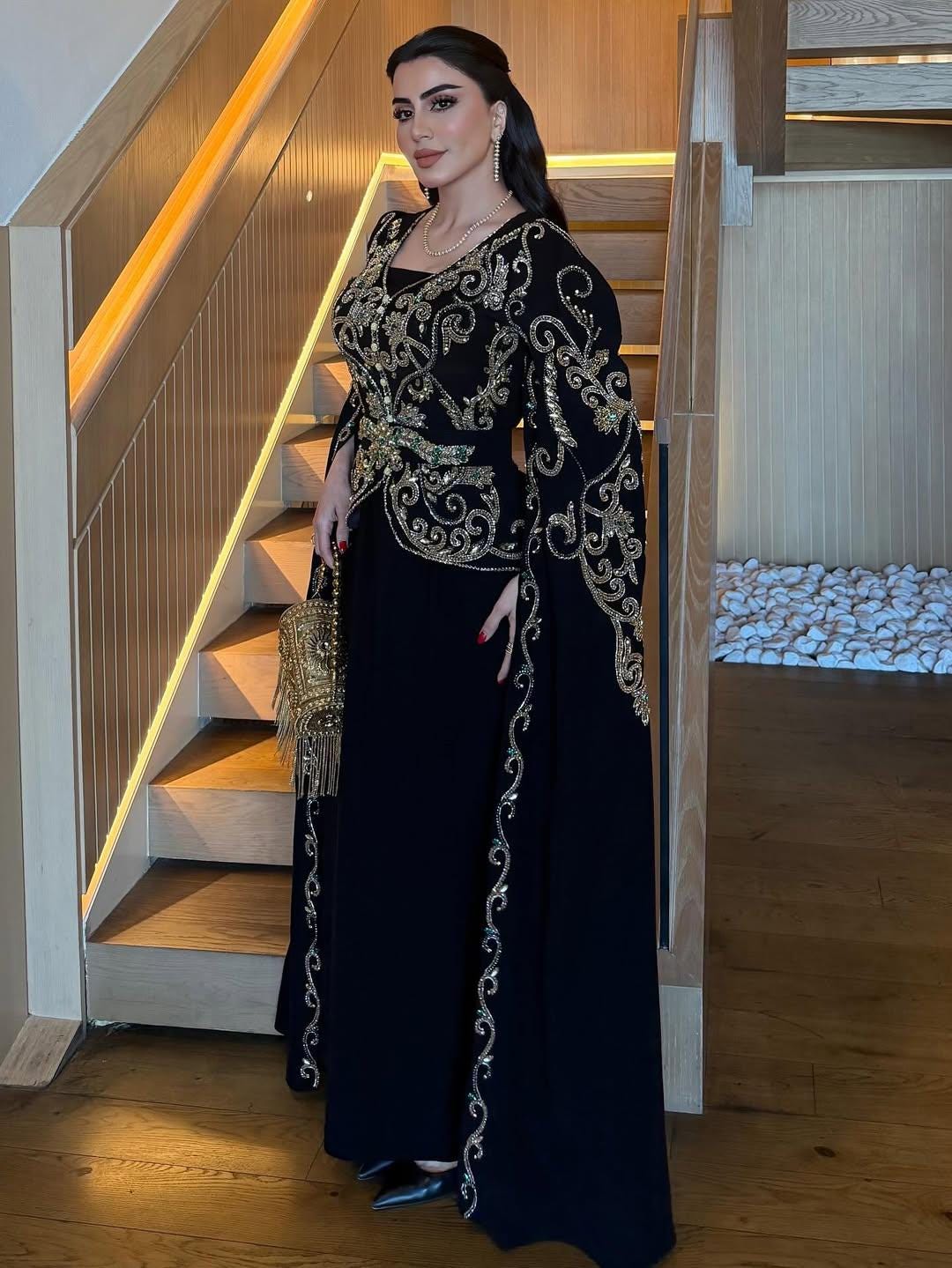 Black Crepe Cape Gown | Gold Embroidery, Modest Evening Dress, Custom Made