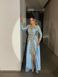 Sky Blue Embroidered Kaftan Dress, Luxury Beaded Evening Gown, Handmade Moroccan Caftan