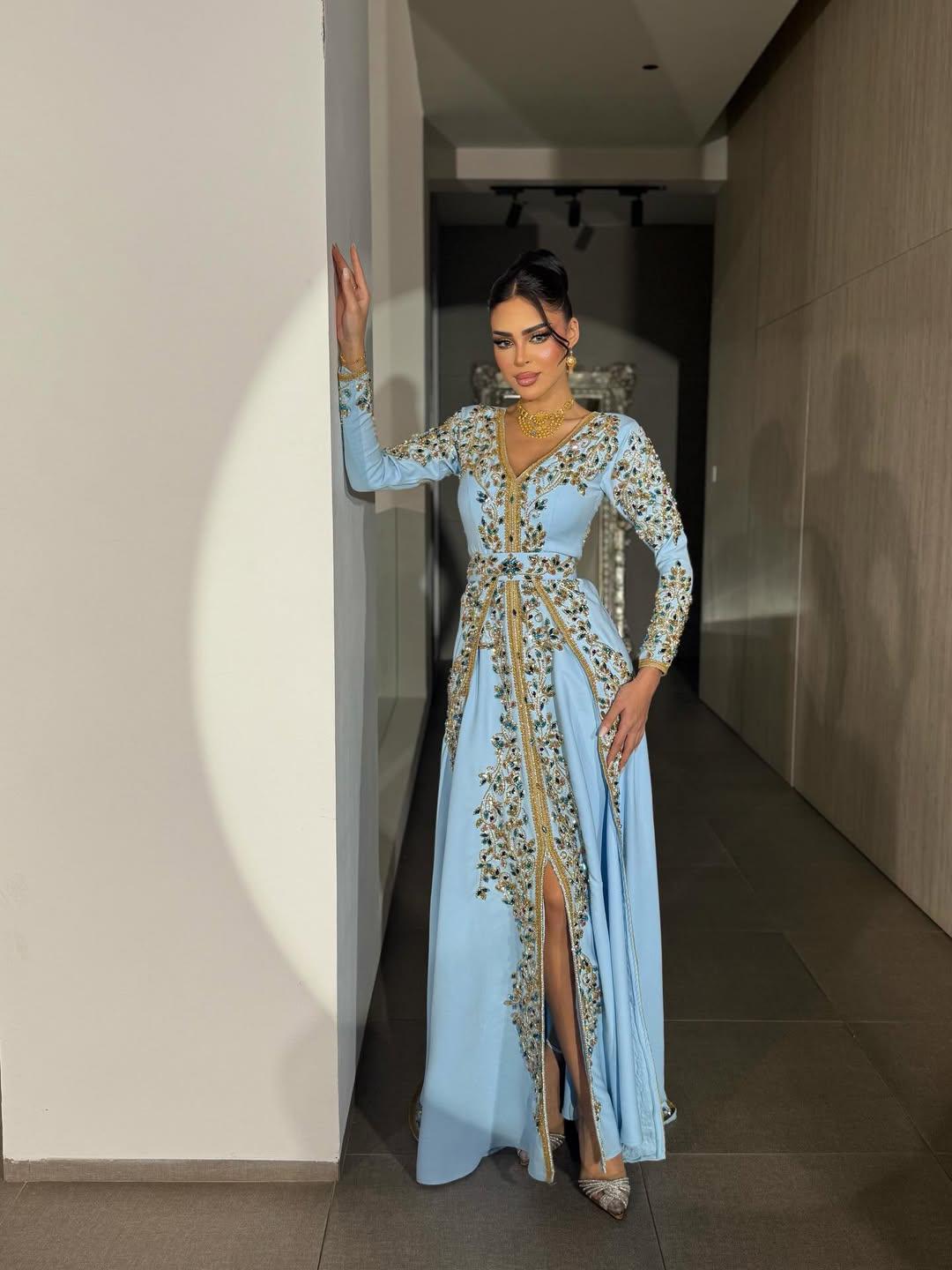 Sky Blue Embroidered Kaftan Dress, Luxury Beaded Evening Gown, Handmade Moroccan Caftan