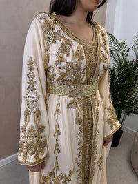 Champagne Crepe Kaftan Dress | Gold Embroidered Dubai Style Caftan McBride