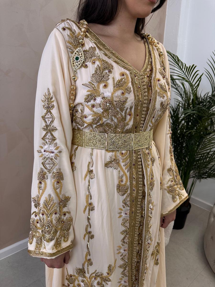 Champagne Crepe Kaftan Dress | Gold Embroidered Dubai Style Caftan McBride