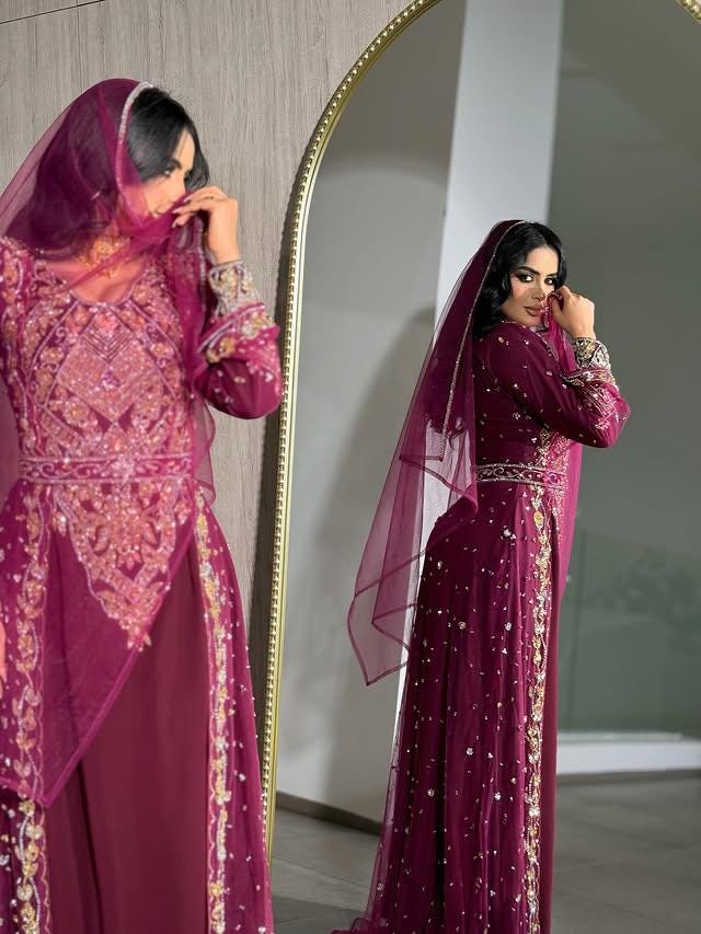 Luxury Maroon Moroccan Bridal Kaftan, Gold Embroidered Wedding Dress, Handmade Takchita