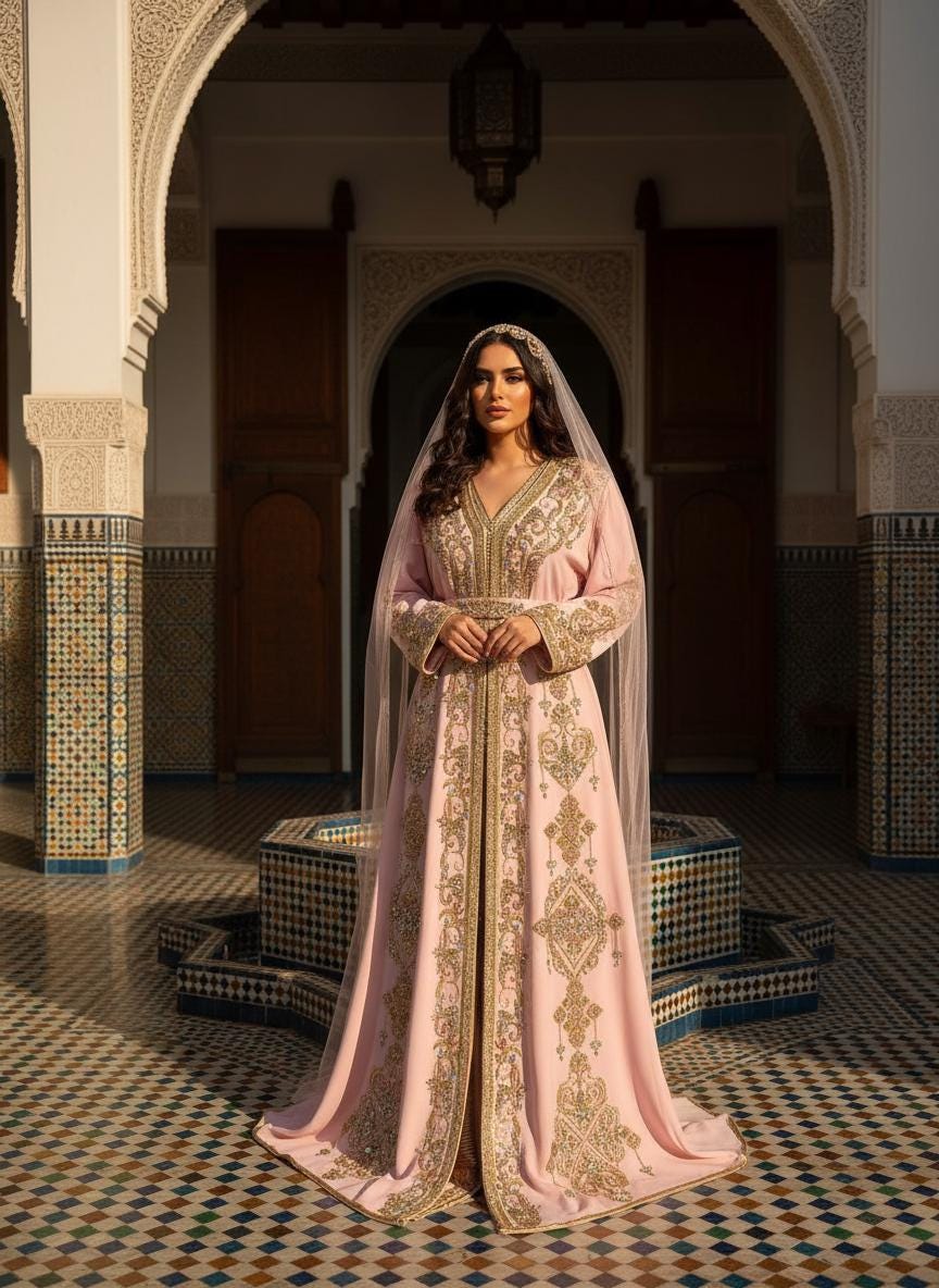 Dull Pink Moroccan Bridal Kaftan Takchita, Hand Embroidered Crepe Wedding Dress (Custom Made)
