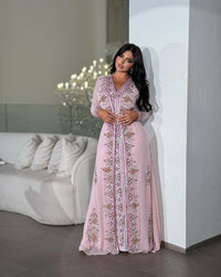 Blush Pink Moroccan Kaftan – Hand Embroidered Georgette Bridal Dress