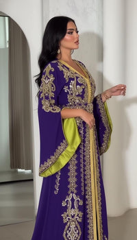 Purple Moroccan Kaftan Crepe Dress | Luxury Gold Embroidery, Dubai Style Wedding Guest Gown
