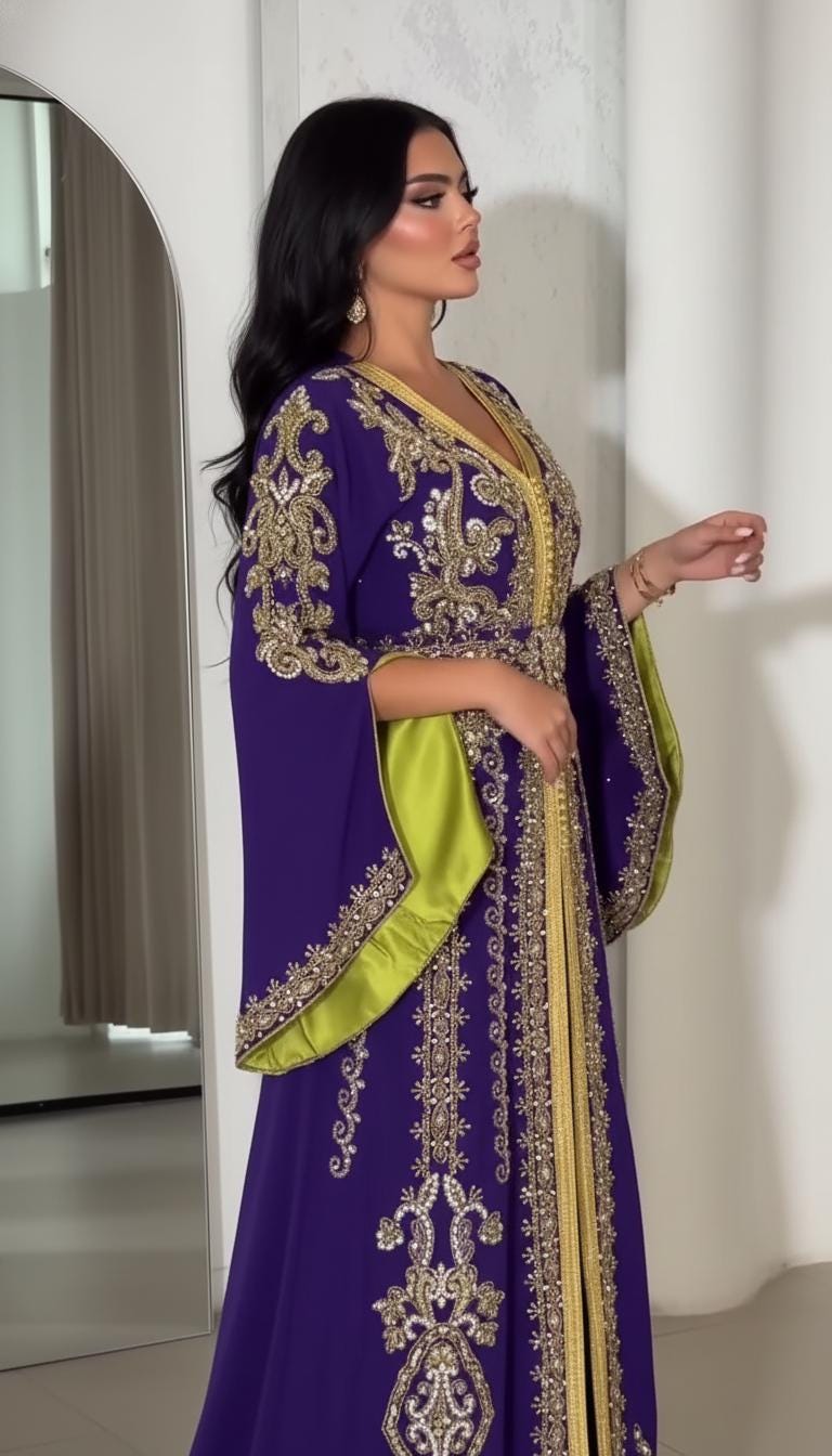 Purple Moroccan Kaftan Crepe Dress | Luxury Gold Embroidery, Dubai Style Wedding Guest Gown