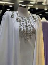 Royal Blue Crepe Maxi Dress, Cape Sleeve, Hand-Embroidered Neckline, Custom Bridal Gown