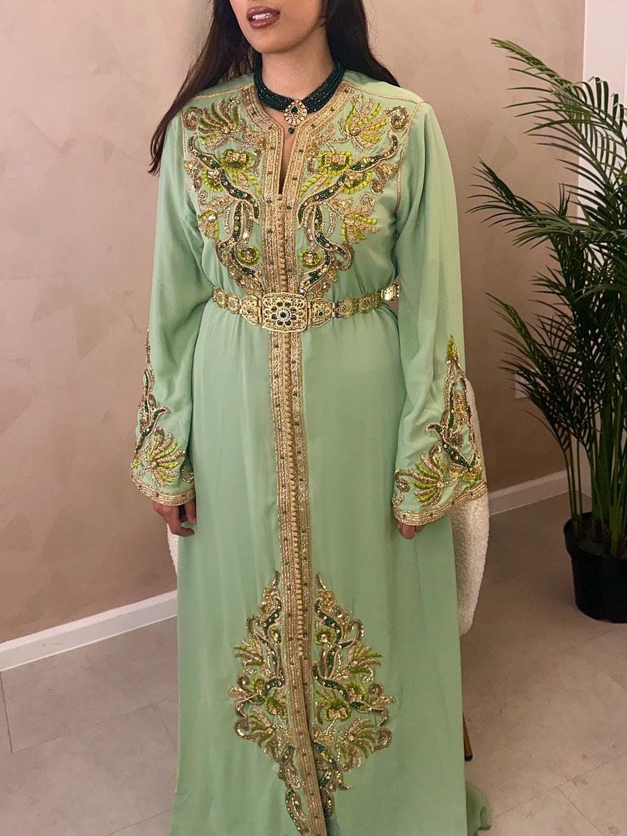 Mint Green Embroidered Moroccan Kaftan Dress | Luxury Crepe Dubai Style Caftan