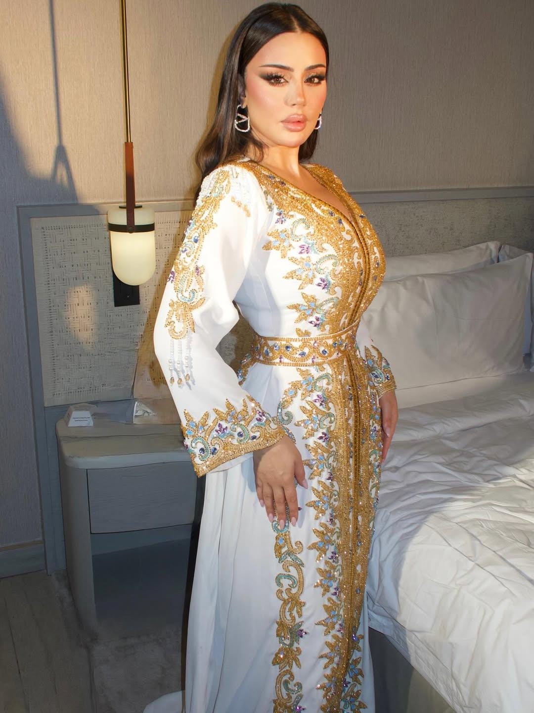 Luxury White Moroccan Kaftan – Gold Hand Embroidered Bridal Caftan – Custom Wedding & Henna Dress