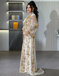 Off White Moroccan Kaftan – Luxury Gold Embroidered Bridal Caftan – Handcrafted Georgette Wedding & Nikkah Dress