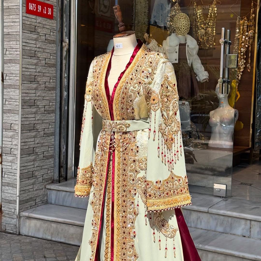 Mint Blue Moroccan Bridal Kaftan Takchita, Luxury Crepe Hand-Embroidered Wedding Nikkah Bride Outfit
