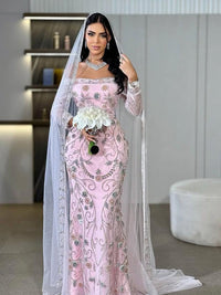 Blush Pink Embroidered Moroccan Bridal Kaftan, Luxury Wedding Dress with Veil