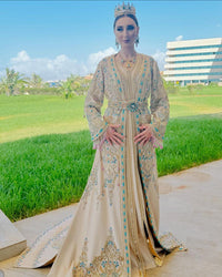 Ivory Moroccan Bridal Kaftan, Gold Embroidery, Custom Made Elegant Bride Gown