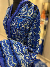 Blue Moroccan Bridal Kaftan Takchita, Hand Embroidered Crepe Wedding Dress