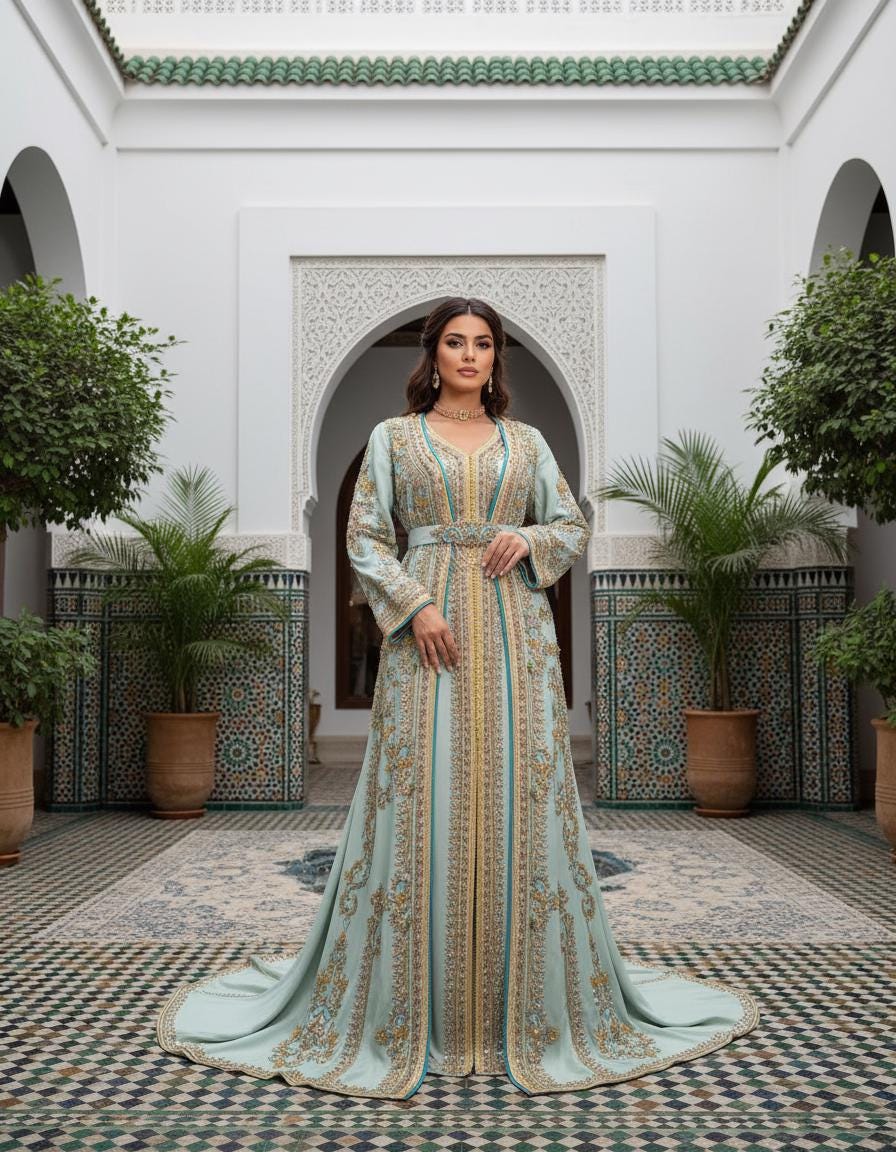 Pastel Blue Moroccan Bridal Kaftan Takchita, Luxury Crepe Hand-Embroidered Wedding Dress
