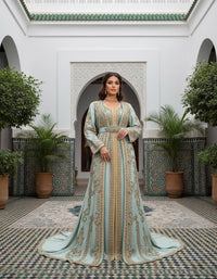 Pastel Blue Moroccan Bridal Kaftan Takchita, Luxury Crepe Hand-Embroidered Wedding Dress